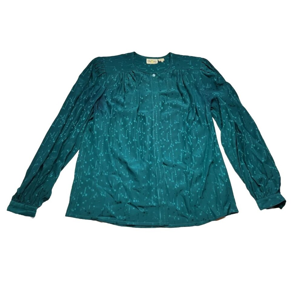 Oleg Cassini Women’s Teal Green Long Sleeve Blouse With Padded Shoulders Size 10